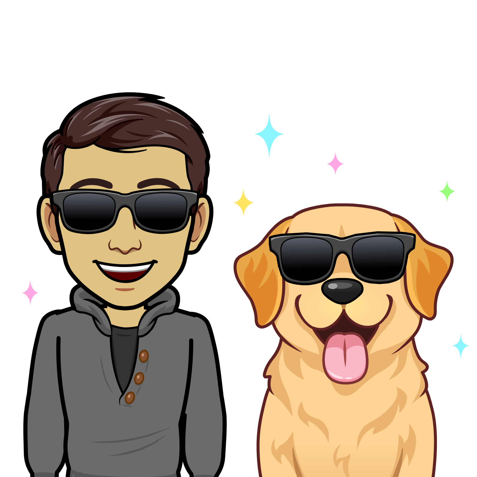bitmoji (cartoon-like) photo of a young man with brown hair and a tan-colored fluffy dog, both wearing sunglasses